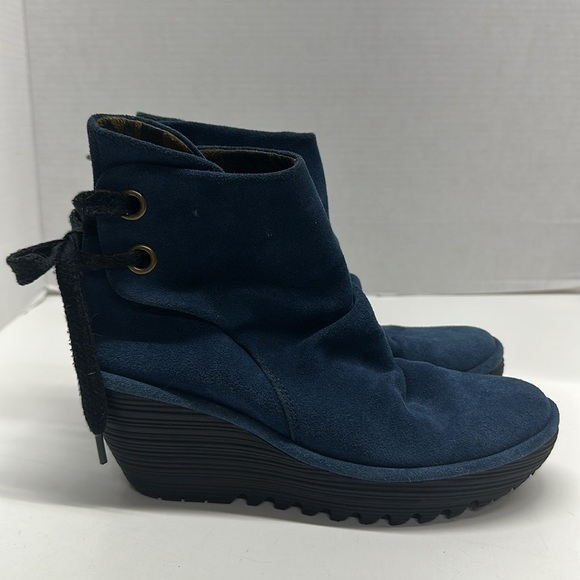 Fly London Botin Yama Ankle Boots Wedges Lace Up Booties Navy Blue Black 37 US 7 - Picture 1 of 8
